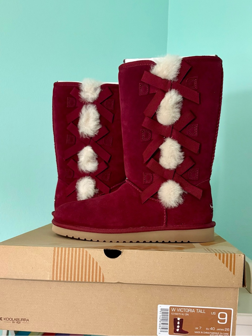 Koolaburra Burgundy Suede Tall Victoria Boots with Cream Fur & bow accents